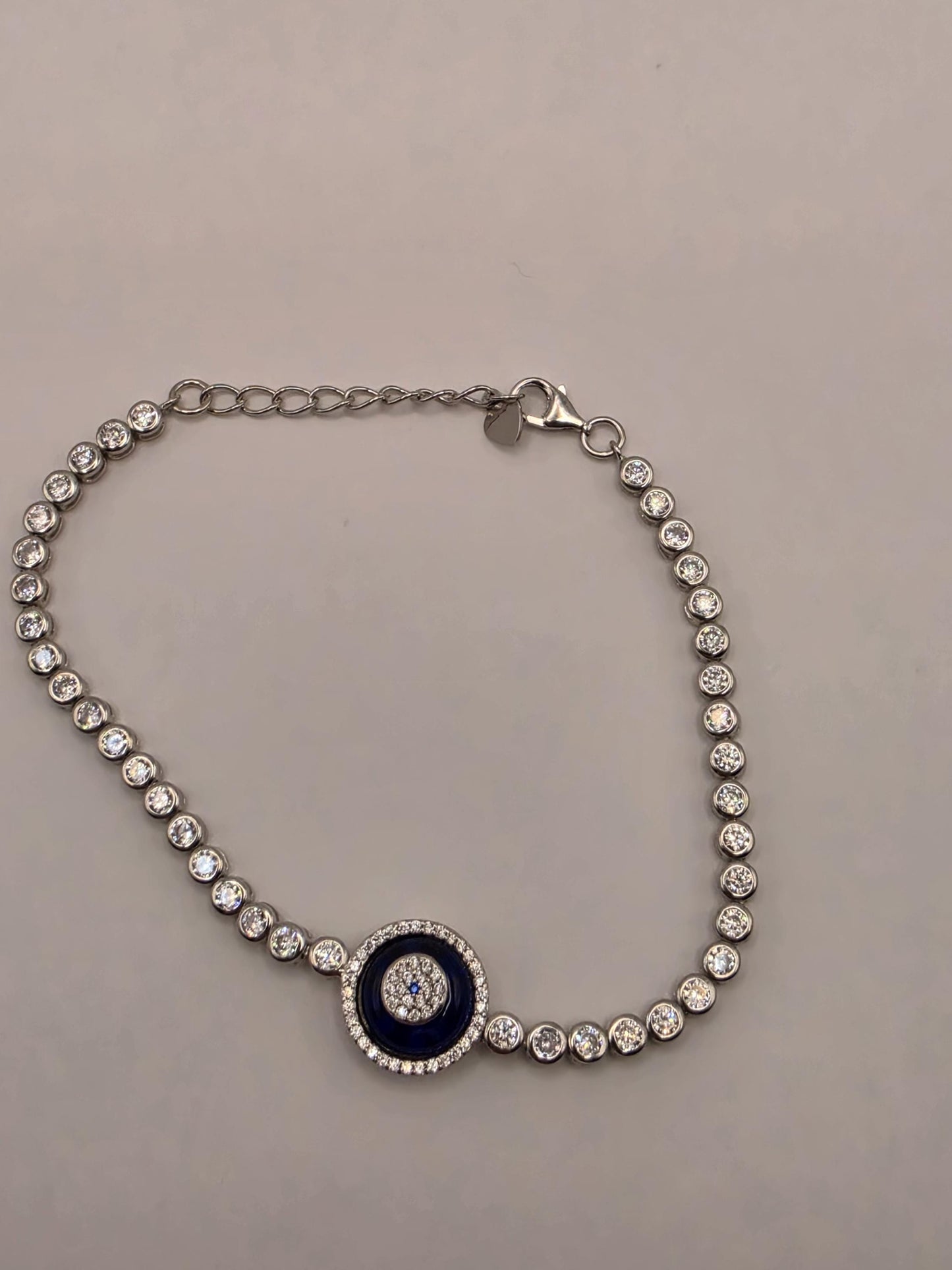 925 Sterling Silver Evil Eye CZ Tennis Bracelet | 8" | Navy Enamel Center | Crystal Chain | Protection Jewelry | Gift for Her