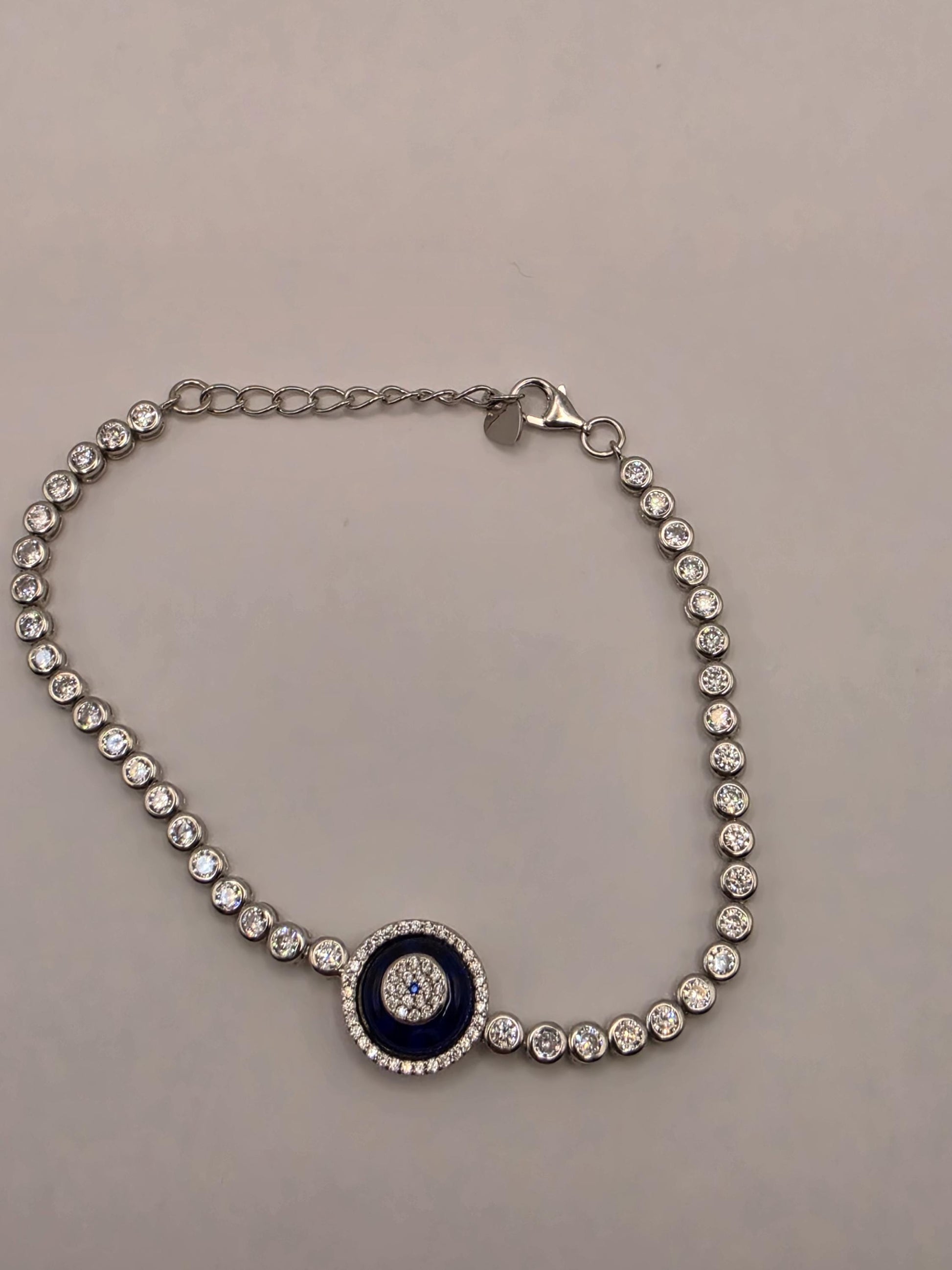 925 Sterling Silver Evil Eye CZ Tennis Bracelet | 8" | Navy Enamel Center | Crystal Chain | Protection Jewelry | Gift for Her