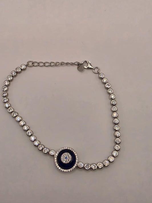 925 Sterling Silver Evil Eye CZ Tennis Bracelet | 8" | Navy Enamel Center | Crystal Chain | Protection Jewelry | Gift for Her