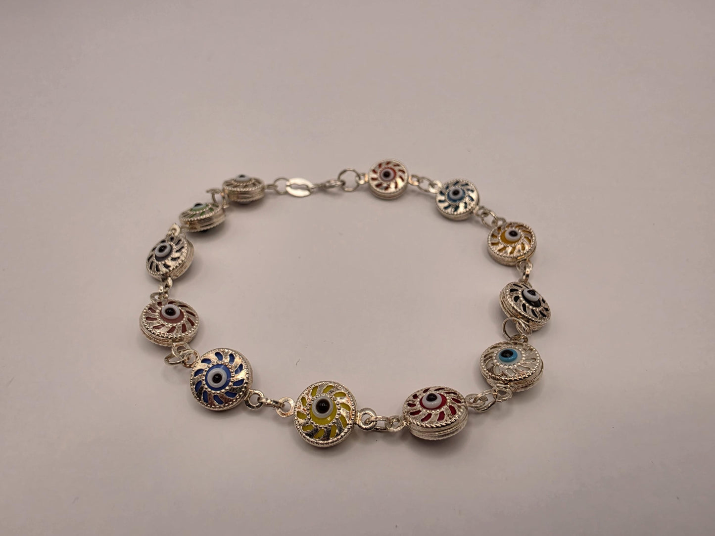 925 Sterling Silver Multicolor Evil Eye Coin Bracelet | 7.5" | 4.5mm | Colorful Enamel | Boho Protection Jewelry | Gift for Her