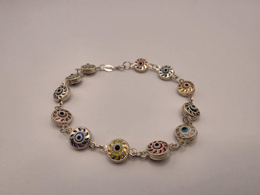 925 Sterling Silver Multicolor Evil Eye Coin Bracelet | 7.5" | 4.5mm | Colorful Enamel | Boho Protection Jewelry | Gift for Her