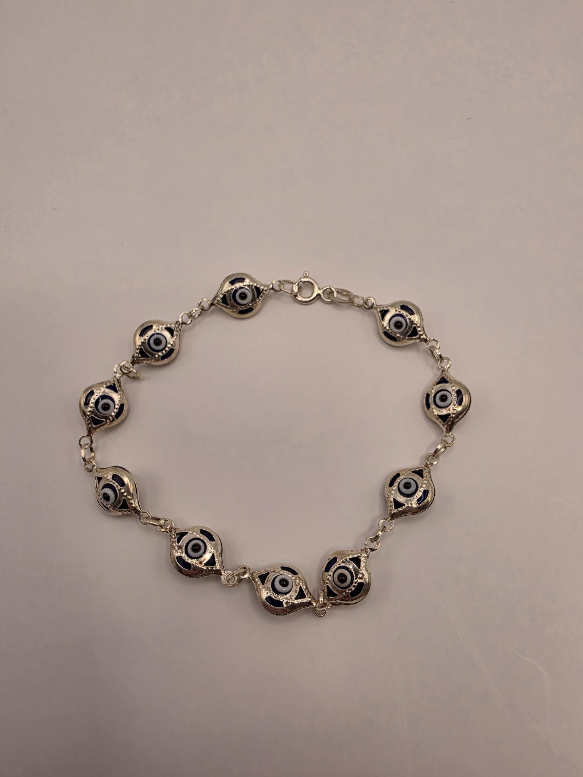 925 Sterling Silver Blue Evil Eye Filigree Link Bracelet | 7.5" | 4.5mm | Protection Jewelry | Nazar | Boho | Gift for Her | Womens Bracelet