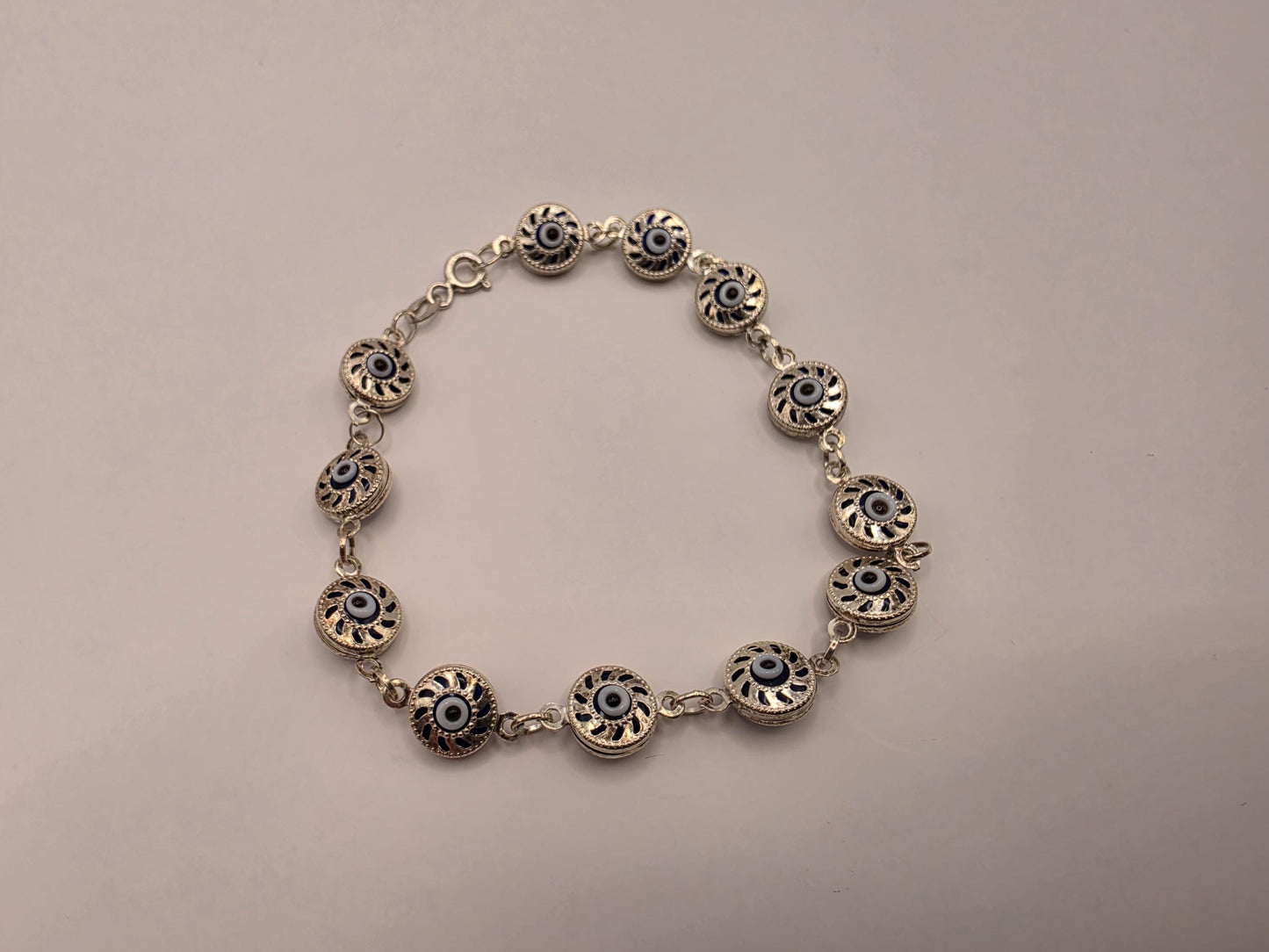 925 Sterling Silver Blue Evil Eye Sunburst Link Bracelet | 7.5" | 4.5mm | Protection Jewelry | Nazar | Minimalist | Gift for Her