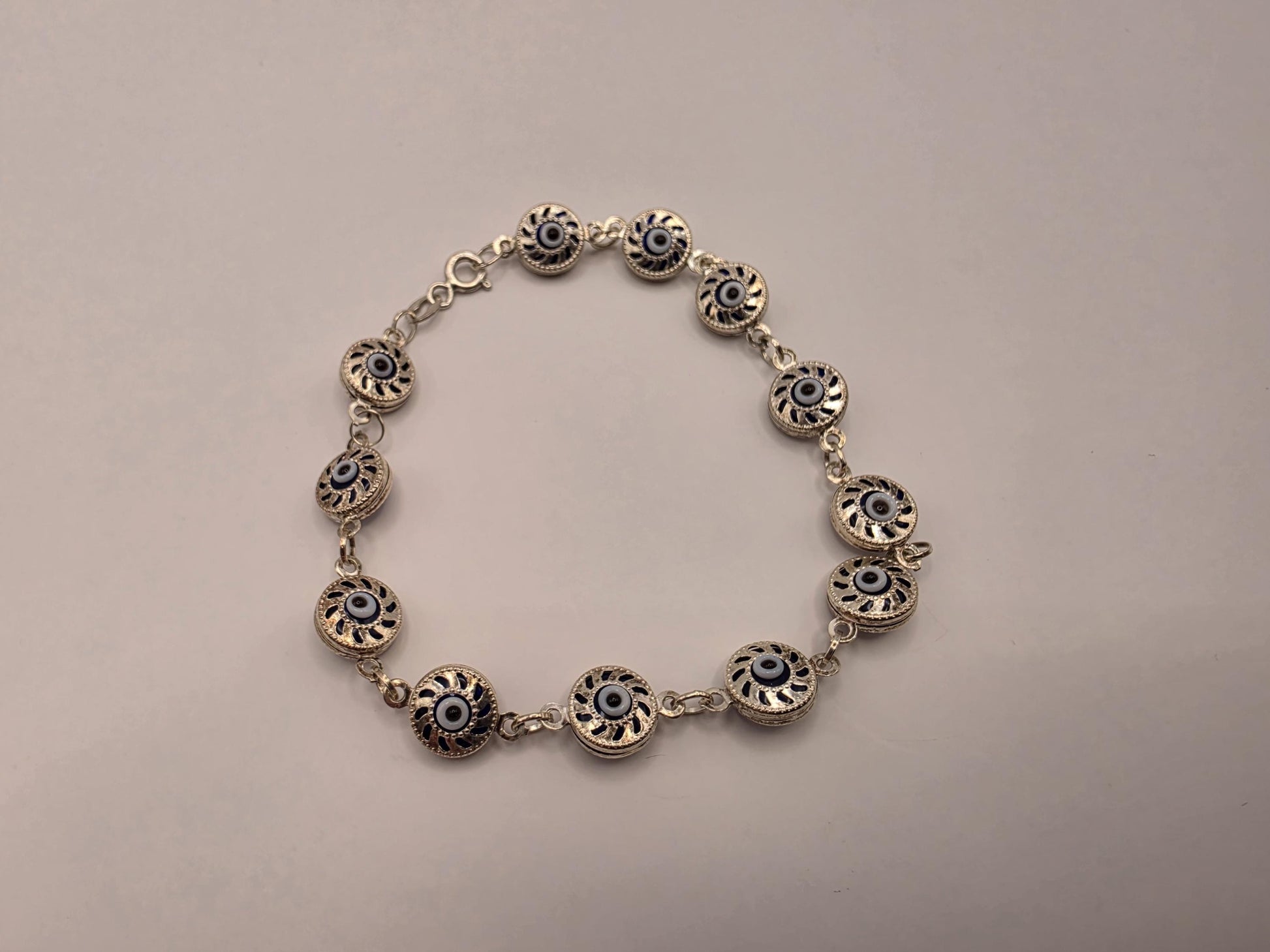 925 Sterling Silver Blue Evil Eye Sunburst Link Bracelet | 7.5" | 4.5mm | Protection Jewelry | Nazar | Minimalist | Gift for Her