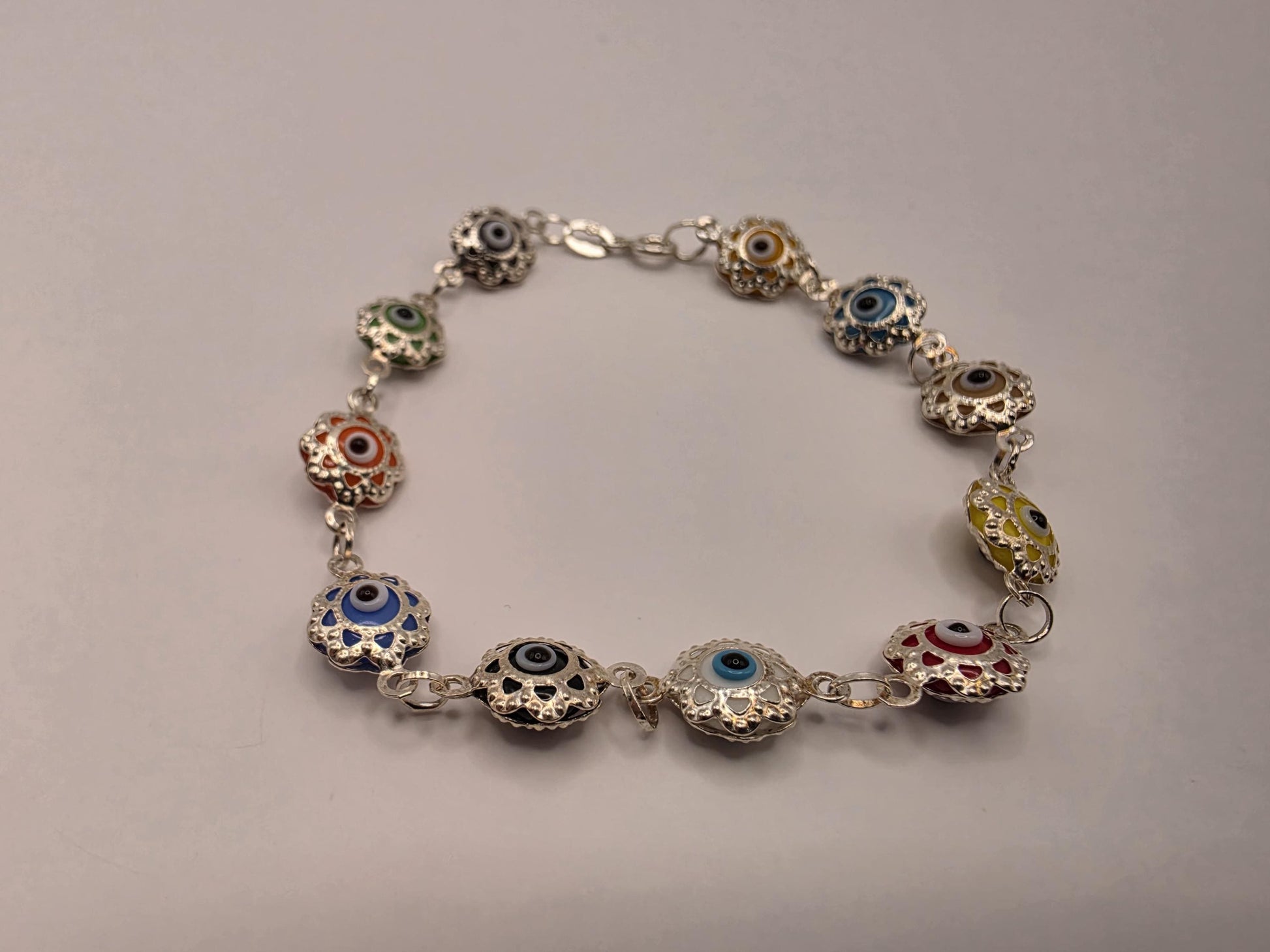 925 Sterling Silver Multicolor Evil Eye Flower Link Bracelet | 7.5" | 8.7mm | Colorful Enamel | Protection Jewelry | Gift for Her