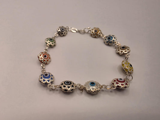 925 Sterling Silver Multicolor Evil Eye Flower Link Bracelet | 7.5" | 8.7mm | Colorful Enamel | Protection Jewelry | Gift for Her