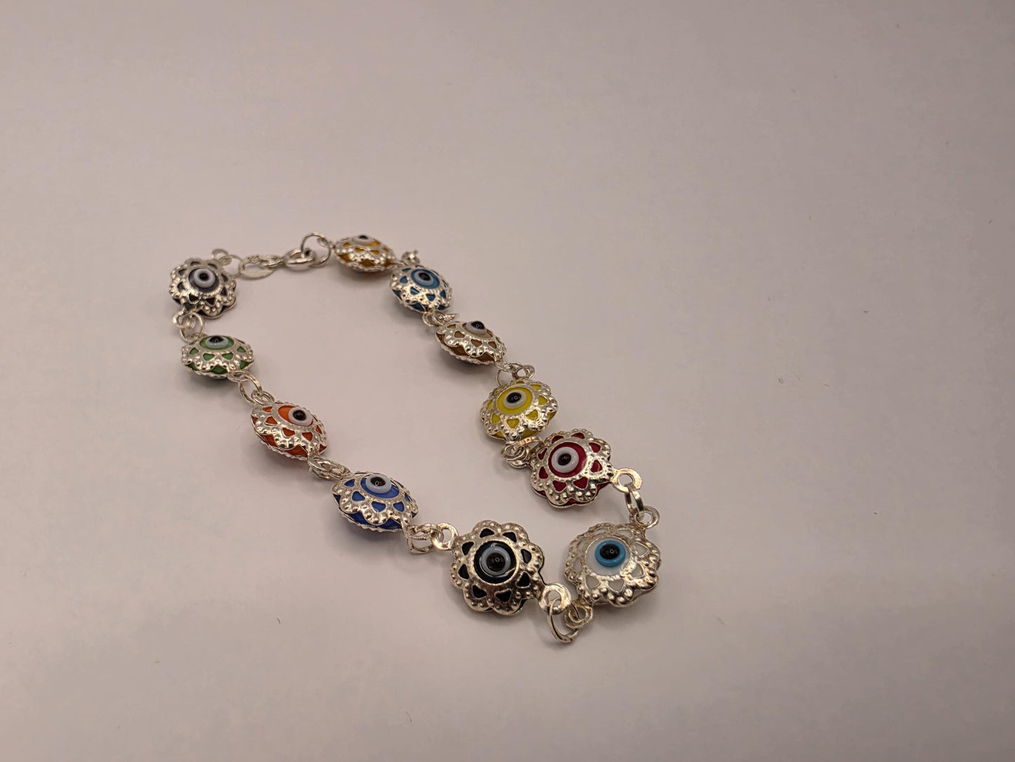 925 Sterling Silver Multicolor Evil Eye Flower Link Bracelet | 7.5" | 8.7mm | Colorful Enamel | Protection Jewelry | Gift for Her
