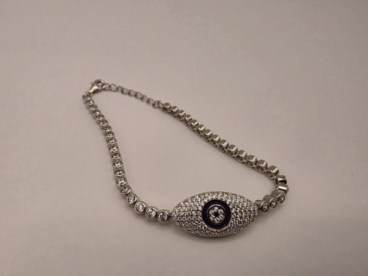 925 Sterling Silver Pave Evil Eye Tennis Bracelet | 8" | CZ & Navy Enamel Centerpiece | Crystal Chain | Protection Jewelry | Gift for Her