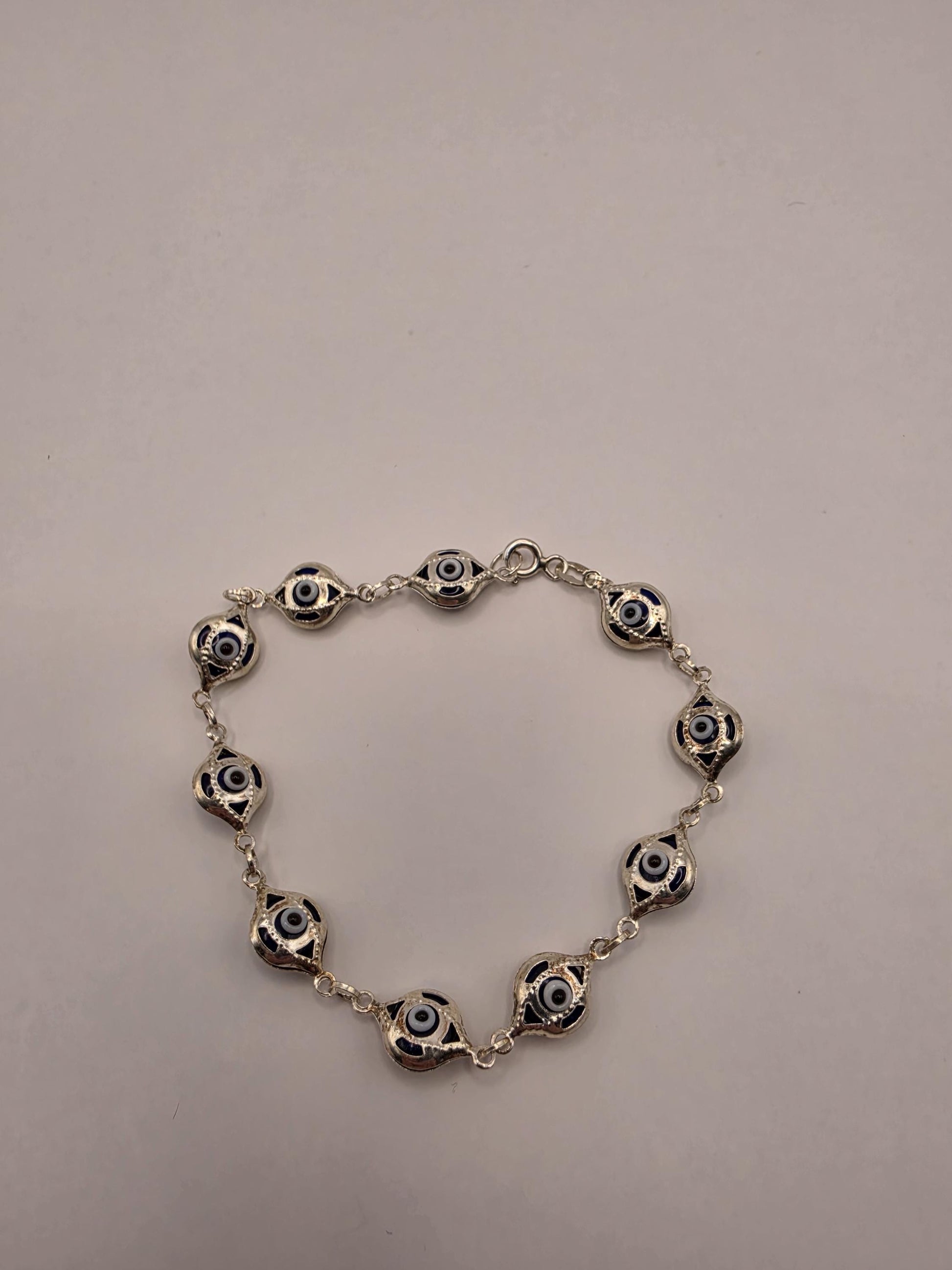 925 Sterling Silver Blue Evil Eye Ornate Link Bracelet | 7.5" | 8.24mm | Decorative Frame | Protection Jewelry | Gift for Her