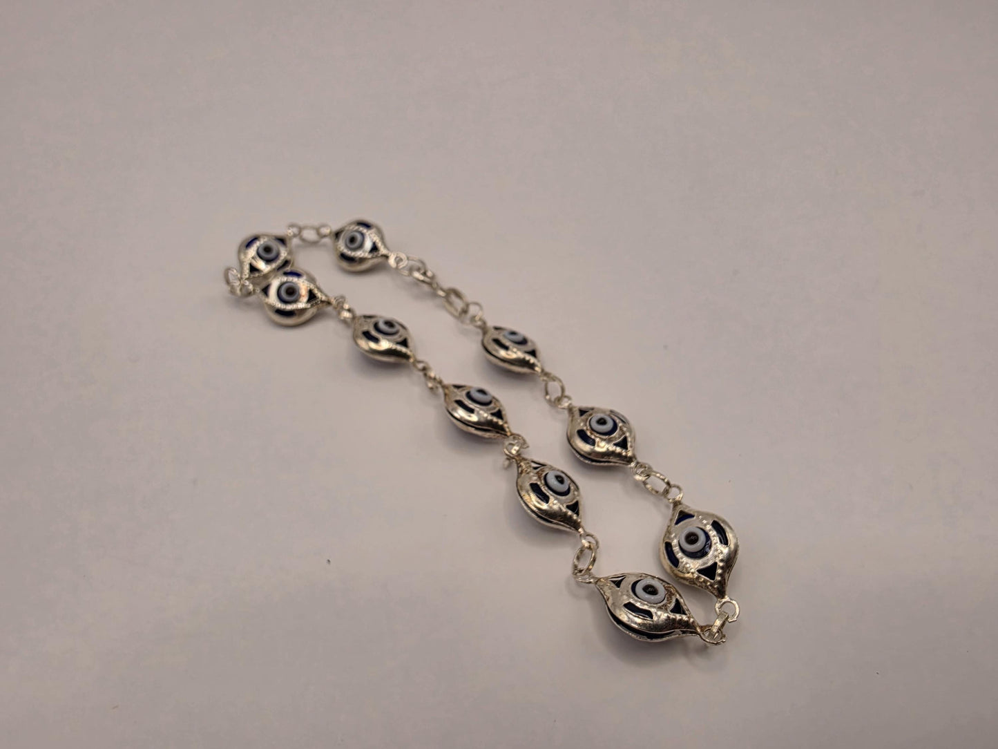 925 Sterling Silver Blue Evil Eye Ornate Link Bracelet | 7.5" | 8.24mm | Decorative Frame | Protection Jewelry | Gift for Her