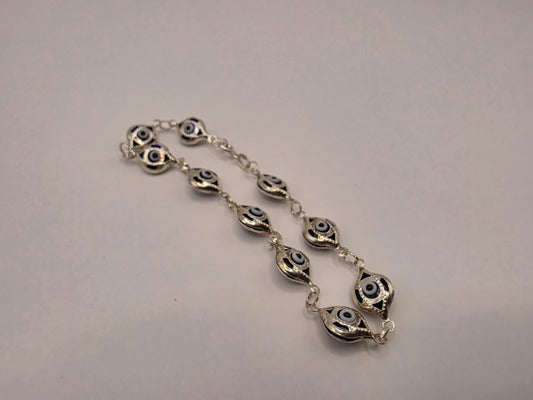 925 Sterling Silver Blue Evil Eye Ornate Link Bracelet | 7.5" | 8.24mm | Decorative Frame | Protection Jewelry | Gift for Her