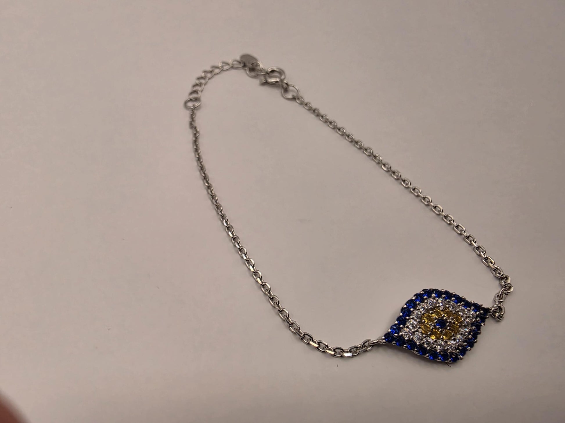 925 Sterling Silver Evil Eye CZ Centerpiece Bracelet | 8" | Blue & Gold Stones | Delicate Chain | Protection Jewelry | Gift for Her