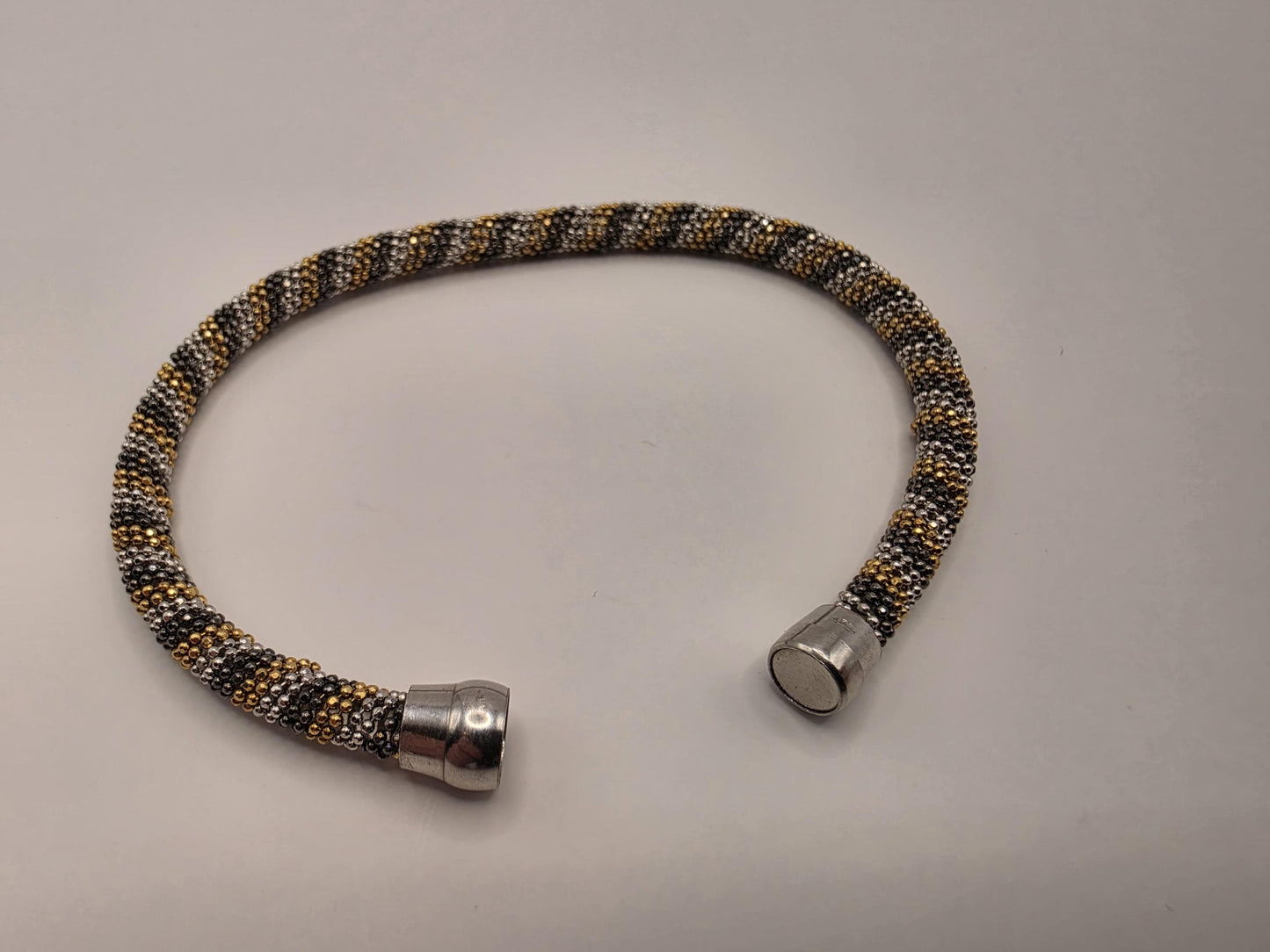 925 Sterling Silver Tri-Color Beaded Tube Bracelet | 7.5" | 4.75mm | Gold Silver Black | Magnetic Clasp | Stacking | Gift for Her