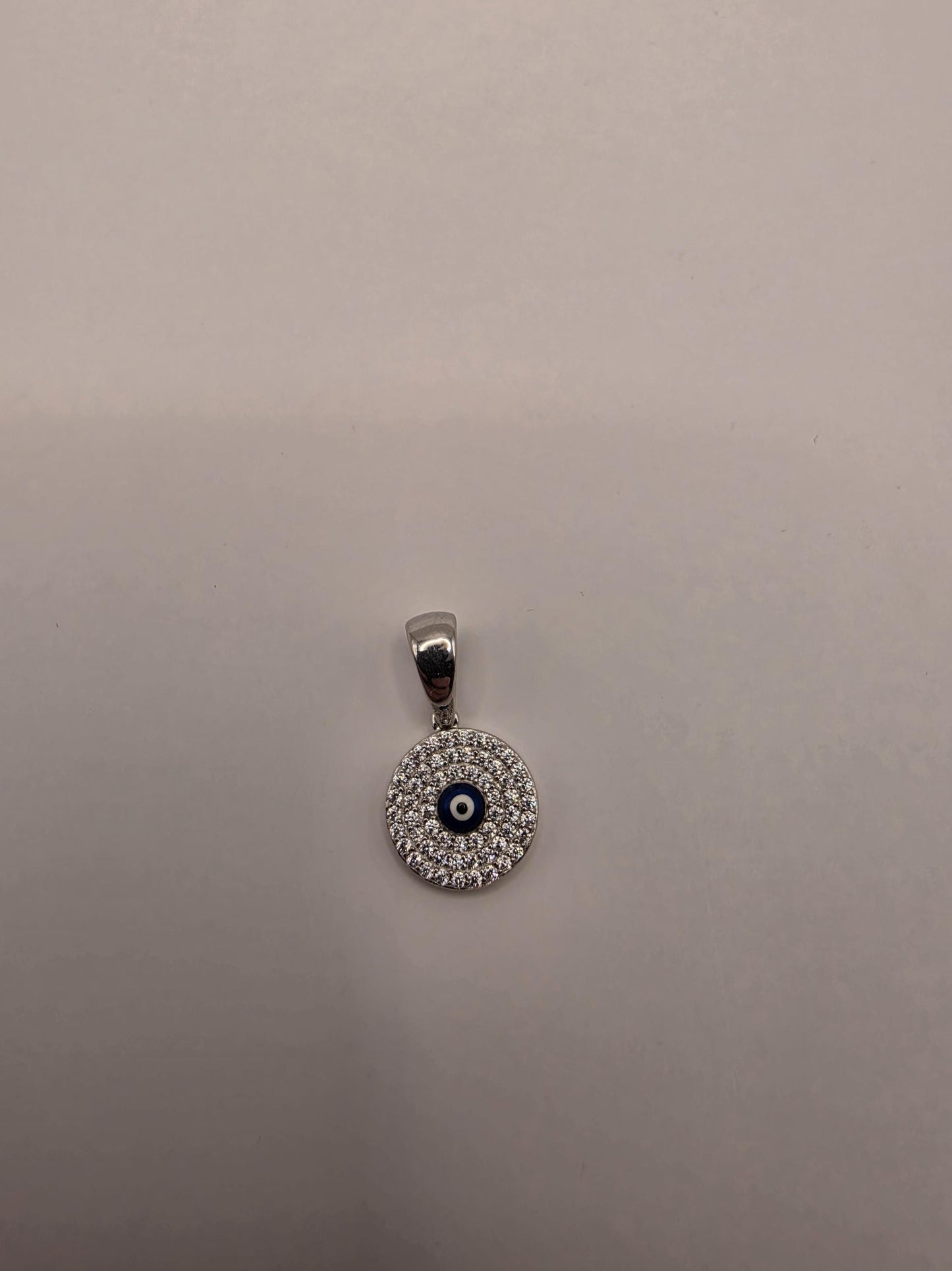 Sterling Silver Evil Eye Pendant | 925 Silver CZ Evil Eye Disc Charm | Round Evil Eye Necklace Pendant