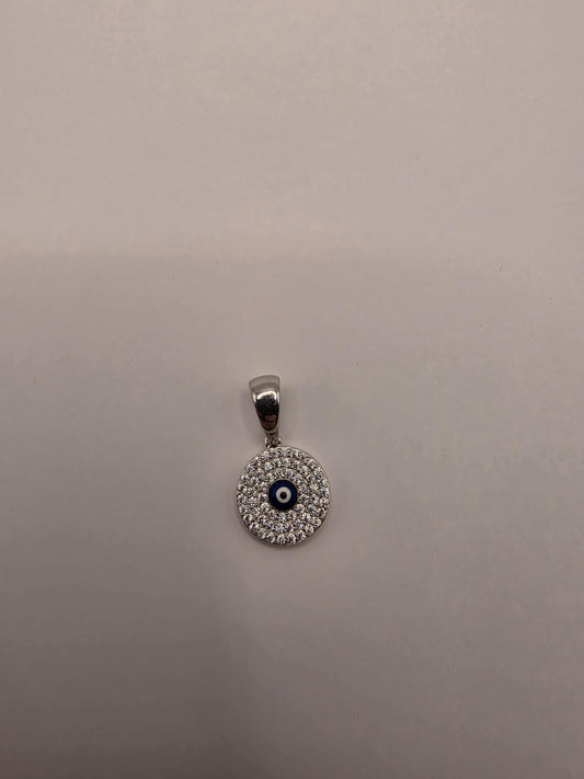 Sterling Silver Evil Eye Pendant | 925 Silver CZ Evil Eye Disc Charm | Round Evil Eye Necklace Pendant