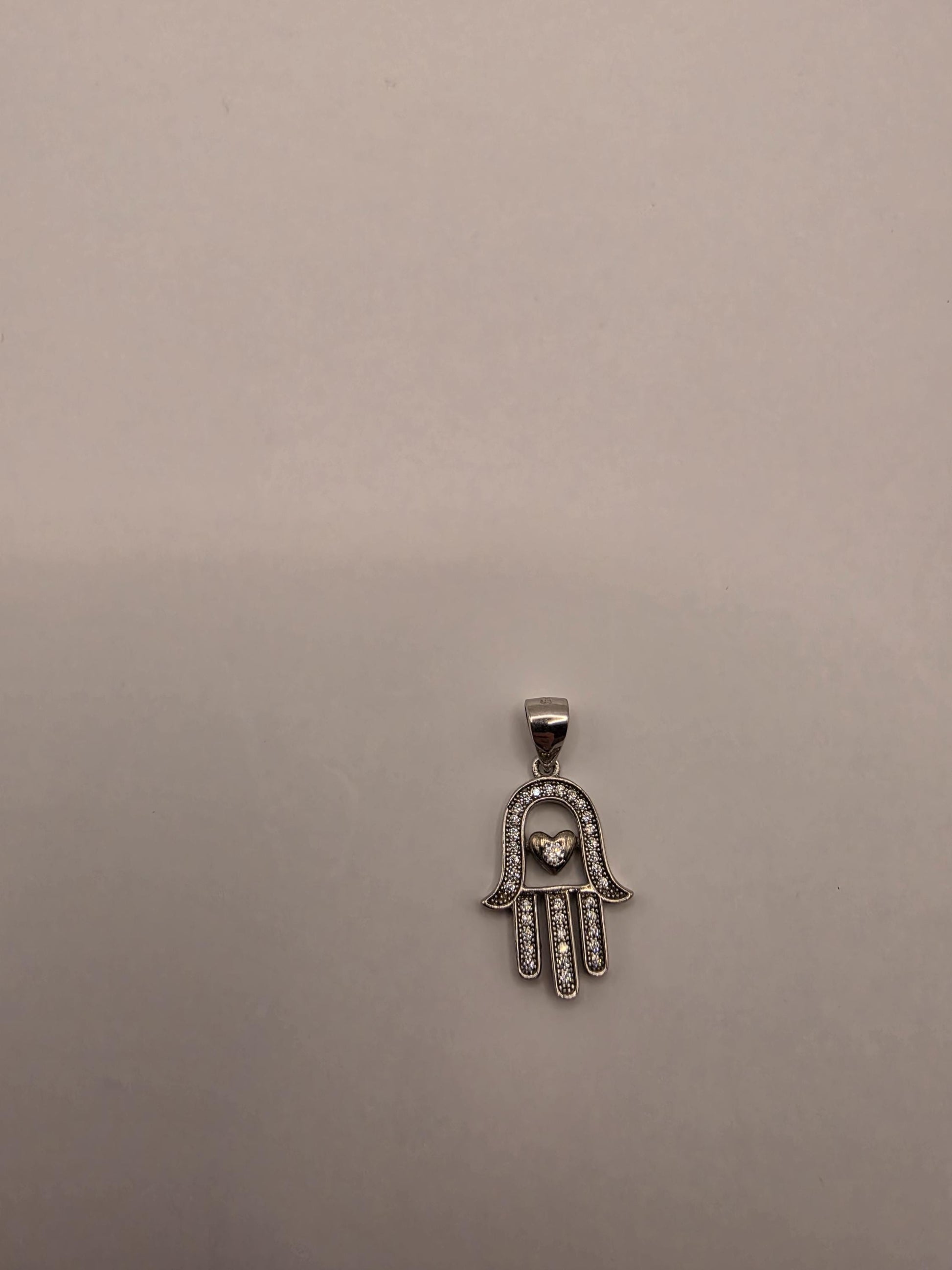 Sterling Silver Hamsa Pendant | 925 Silver CZ Hamsa Heart Charm | Hand of Fatima Necklace Pendant