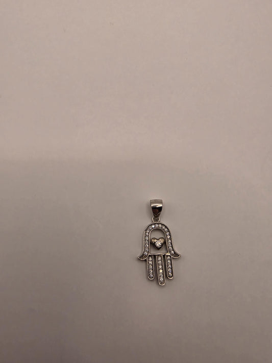 Sterling Silver Hamsa Pendant | 925 Silver CZ Hamsa Heart Charm | Hand of Fatima Necklace Pendant