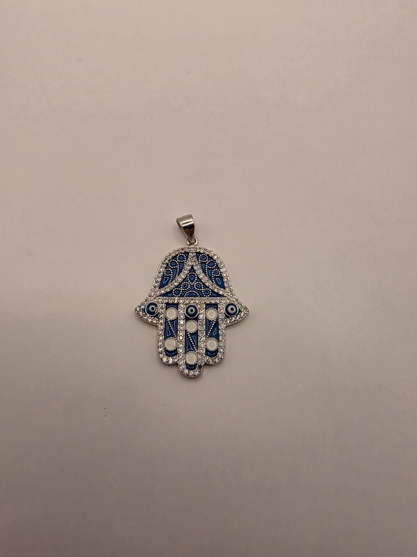 Sterling Silver Hamsa Pendant | 925 Silver Blue Enamel CZ Hamsa Charm | Large Hamsa Necklace Pendant
