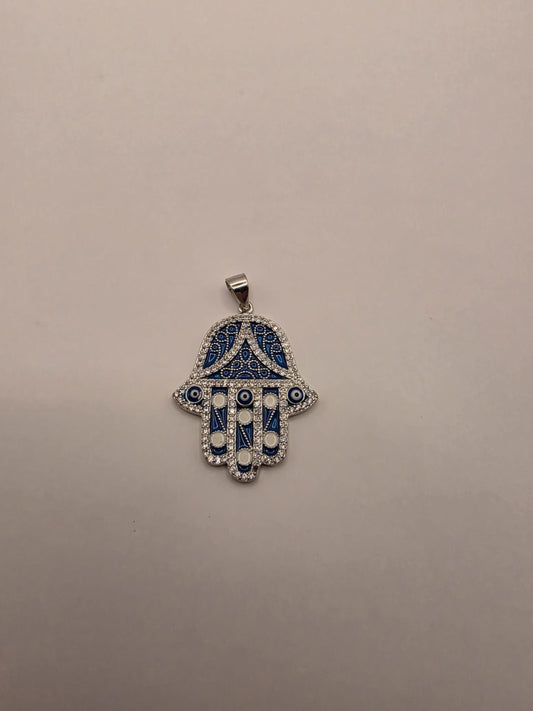 Sterling Silver Hamsa Pendant | 925 Silver Blue Enamel CZ Hamsa Charm | Large Hamsa Necklace Pendant | Spiritual Protection Charm
