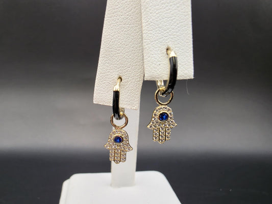 Gold Plated Sterling Silver Hamsa Hand Hoop Earrings with Blue CZ