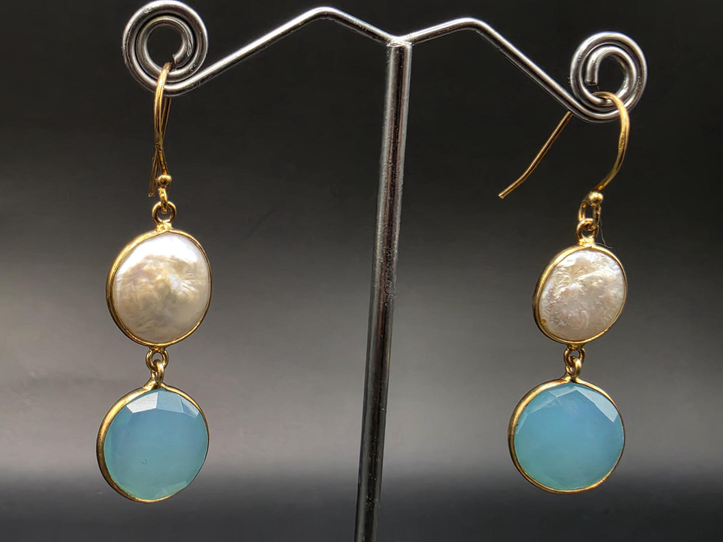 Gold Plated Sterling Silver Double Drop Earrings Blue Chalcedony and Mother of Pearl