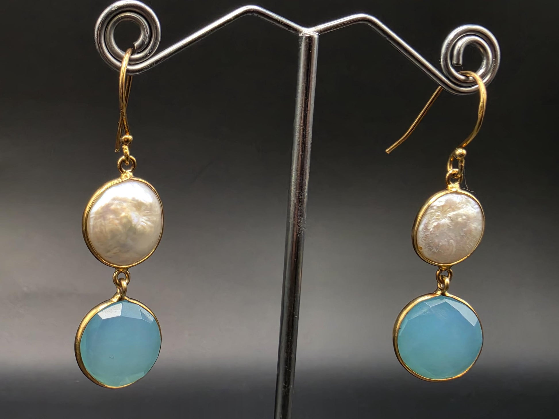 Gold Plated Sterling Silver Double Drop Earrings Blue Chalcedony and Mother of Pearl