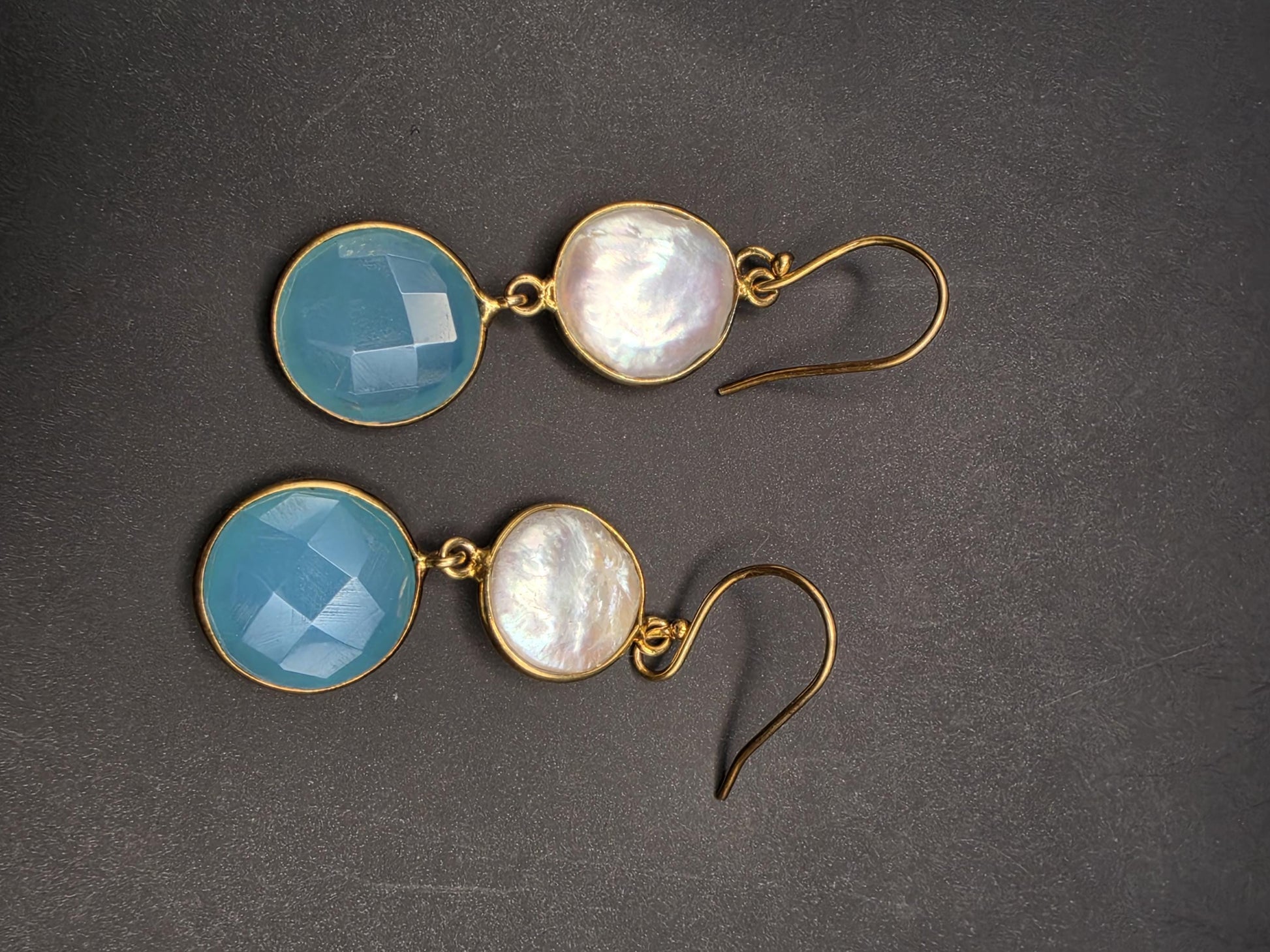 Gold Plated Sterling Silver Double Drop Earrings Blue Chalcedony and Mother of Pearl