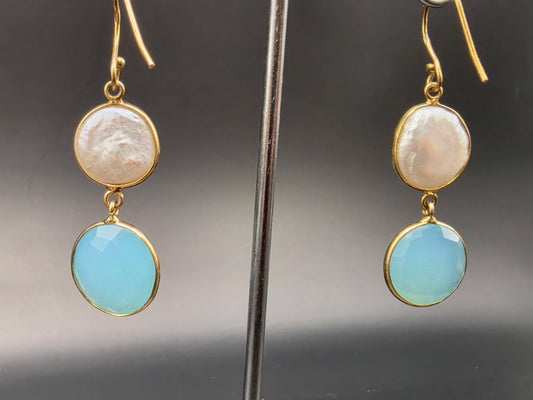 Gold Plated Sterling Silver Double Drop Earrings Blue Chalcedony and Mother of Pearl