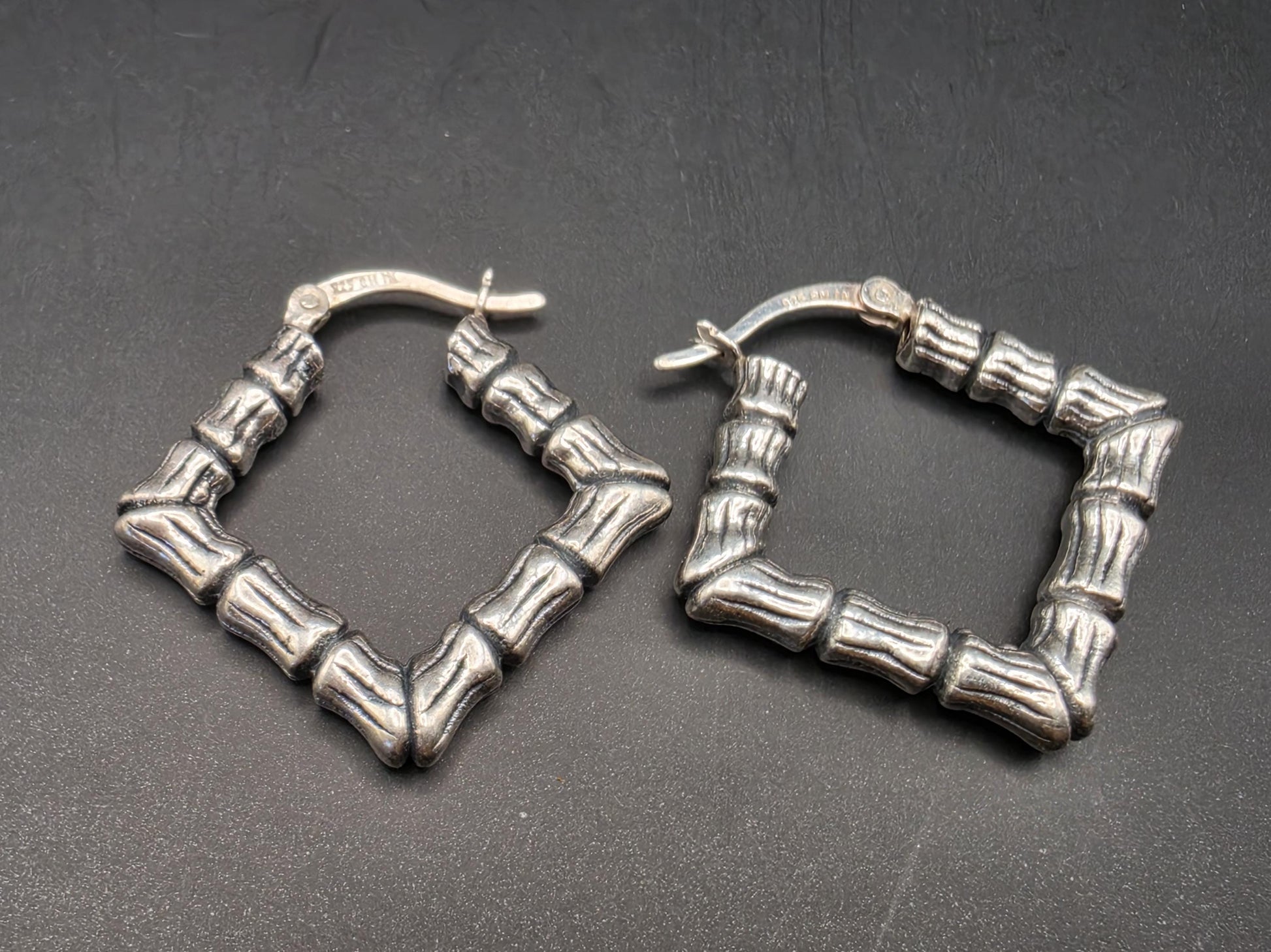 Sterling Silver Bamboo Textured Square Hoop Earrings 1 Inch