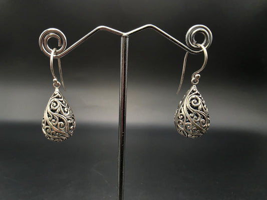 Sterling Silver Filigree Scroll Teardrop Dangle Earrings 1 Inch