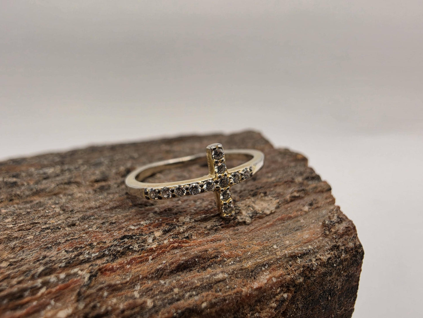 Gold Plated Sterling Silver CZ Sideways Cross Ring Size 7 Dainty Cubic Zirconia Band 925 Women's Faith Ring