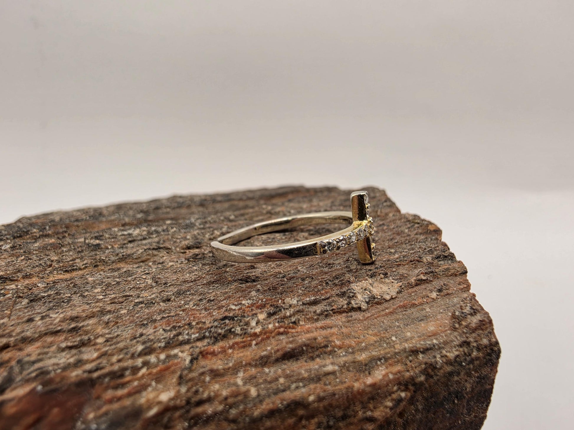 Gold Plated Sterling Silver CZ Sideways Cross Ring Size 7 Dainty Cubic Zirconia Band 925 Women's Faith Ring