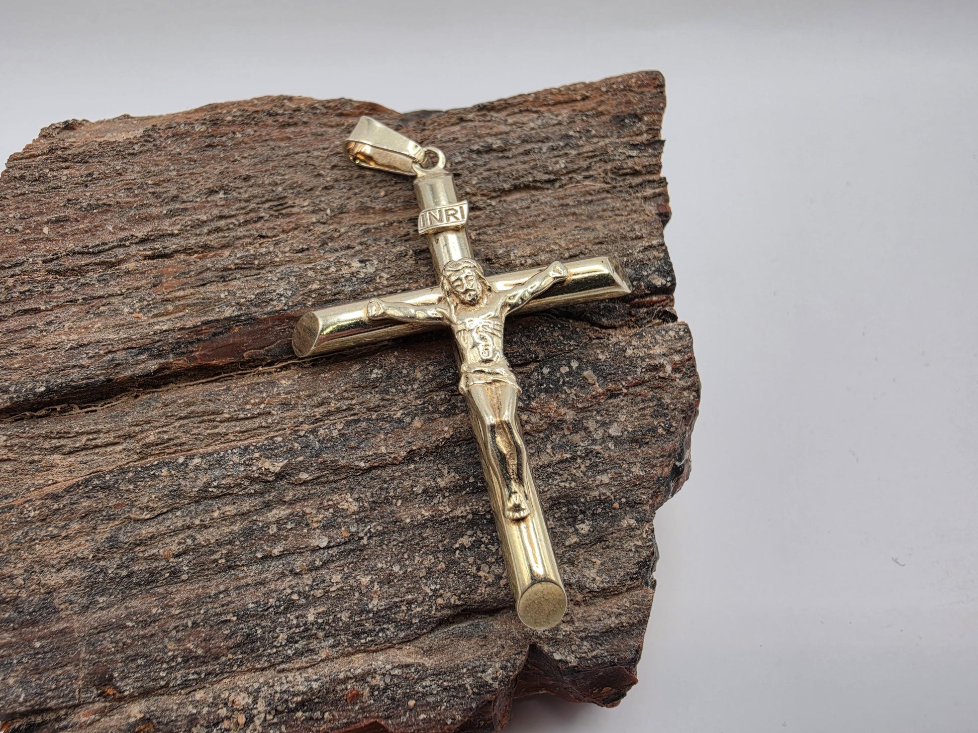 Gold Plated Sterling Silver INRI Crucifix Pendant 51mm x 38mm Jesus Cross 925 Religious Jewelry 8.3g Men Women