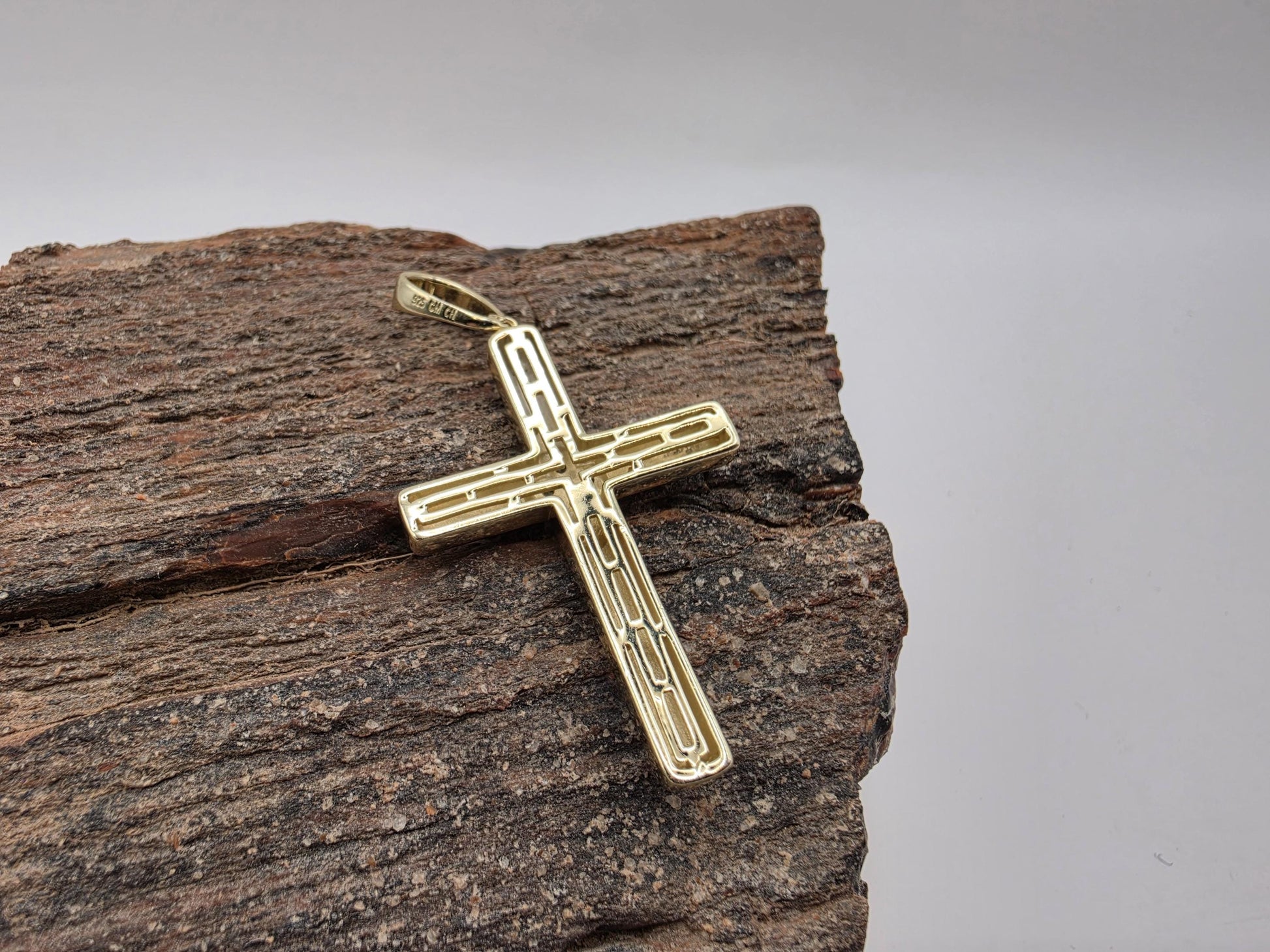 Gold Plated Sterling Silver Plain Cross Pendant CZ Center 38mm x 25mm Polished 925 Religious Jewelry 7.1g