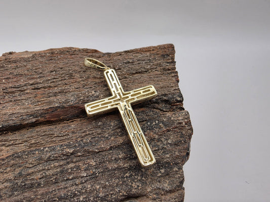 Gold Plated Sterling Silver Plain Cross Pendant CZ Center 38mm x 25mm Polished 925 Religious Jewelry 7.1g