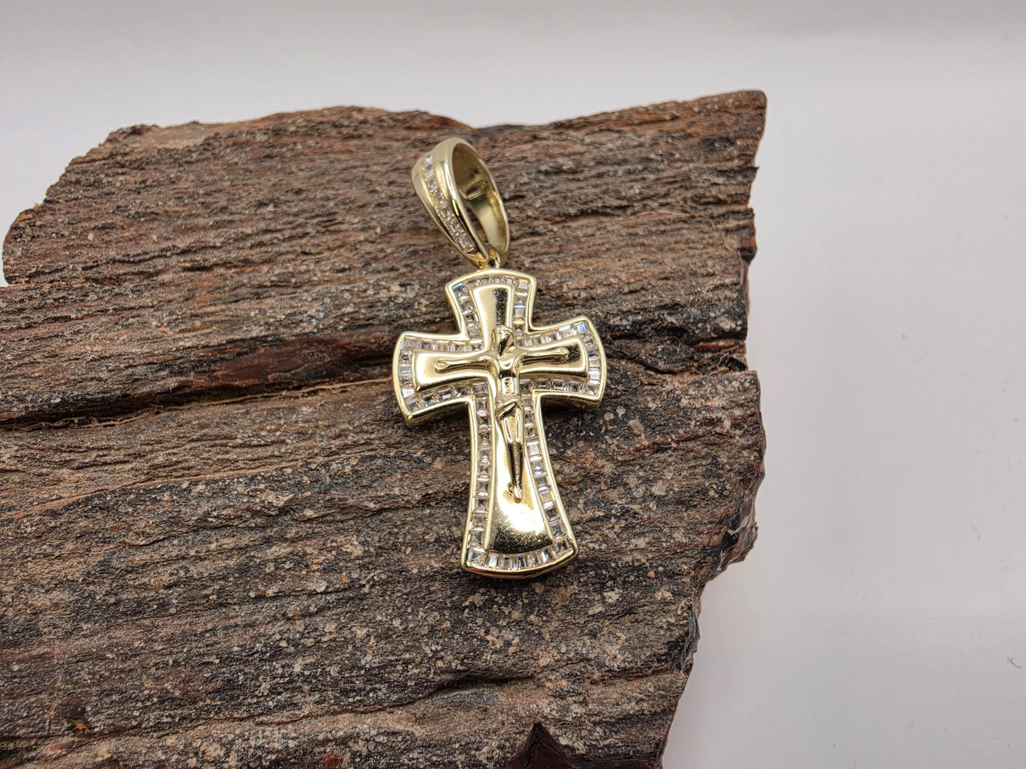 Gold Plated Sterling Silver Baguette CZ Crucifix Pendant 27mm x 19mm Iced Out 925 Religious Jewelry 8g
