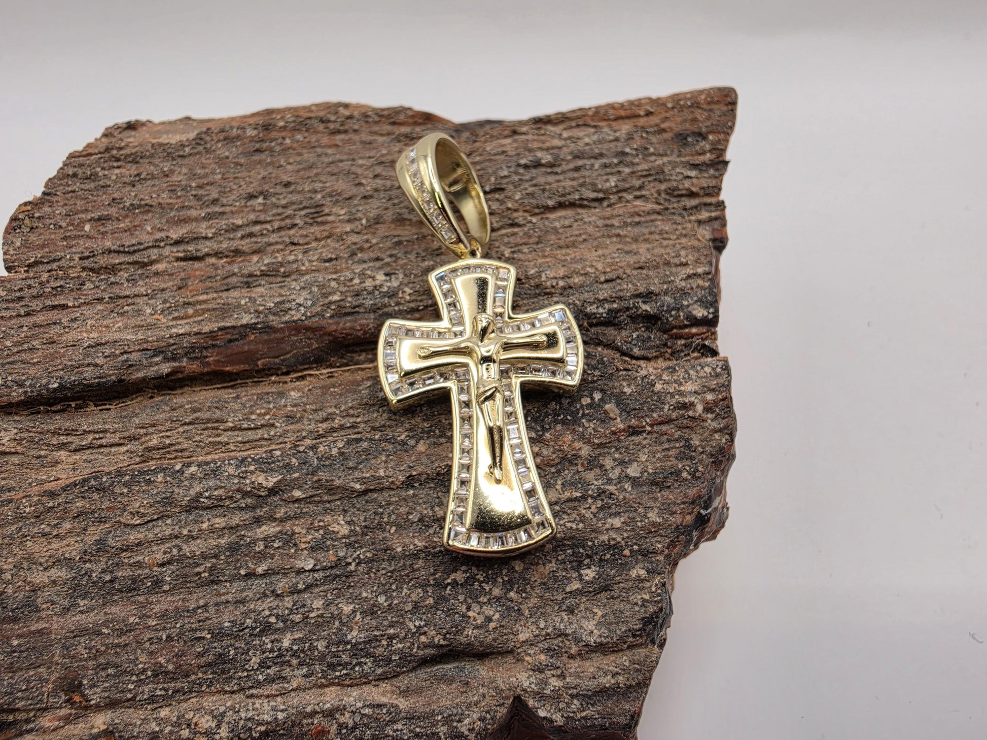 Gold Plated Sterling Silver Baguette CZ Crucifix Pendant 27mm x 19mm Iced Out 925 Religious Jewelry 8g