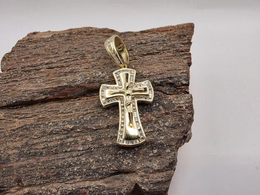 Gold Plated Sterling Silver Baguette CZ Crucifix Pendant 27mm x 19mm Iced Out 925 Religious Jewelry 8g