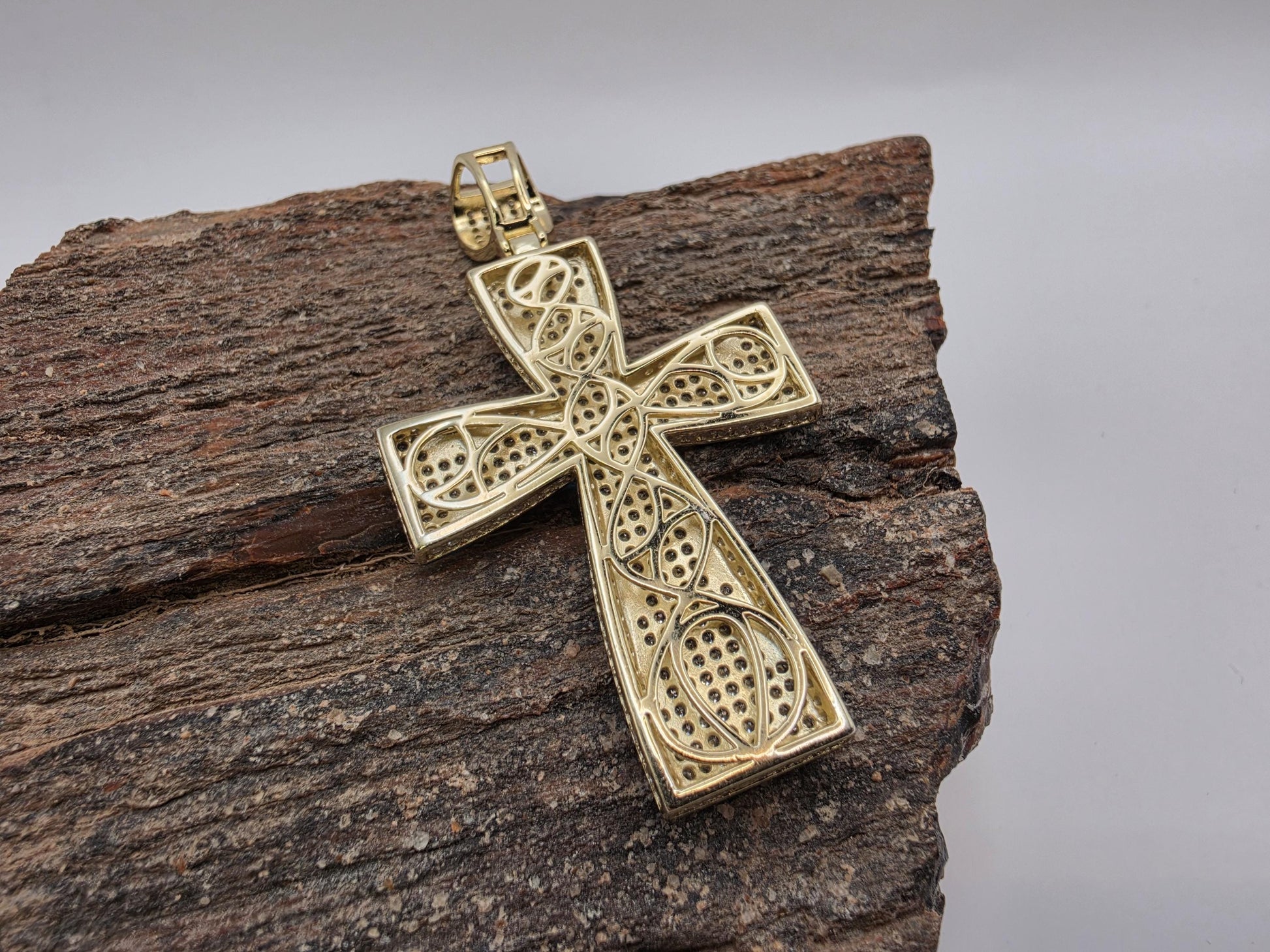 Gold Plated Sterling Silver Blue Enamel Pave CZ Cross Pendant 44mm x 32mm Iced Out 925 Religious Jewelry 11.5g