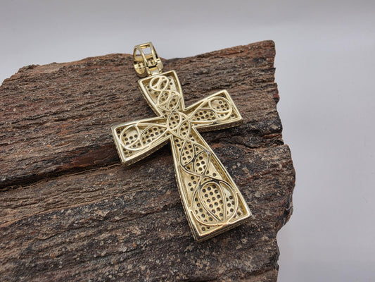 Gold Plated Sterling Silver Blue Enamel Pave CZ Cross Pendant 44mm x 32mm Iced Out 925 Religious Jewelry 11.5g