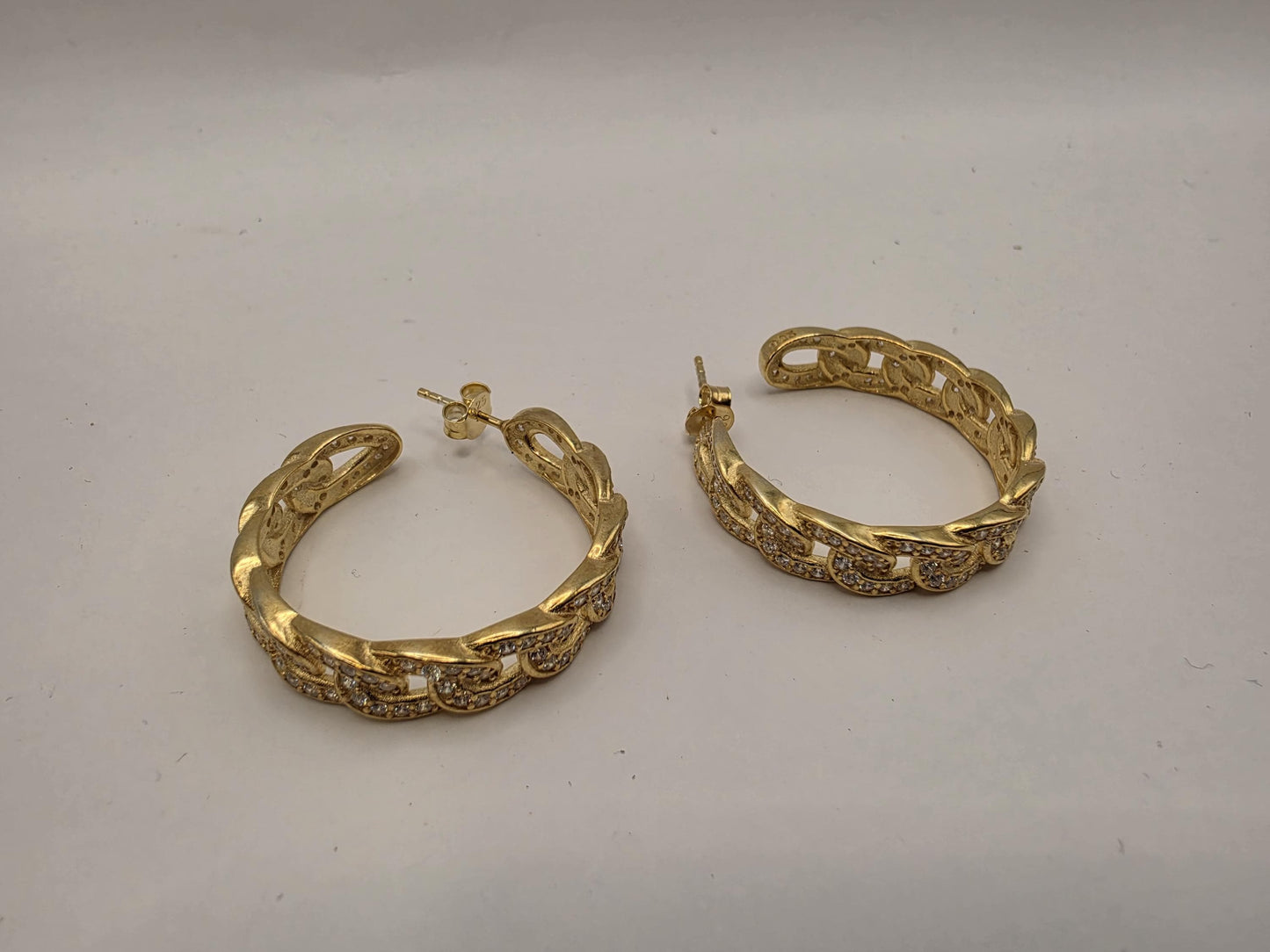 Gold Plated Sterling Silver Pave CZ Cuban Link Hoop Earrings 32mm Half Hoop Iced Out 925 Womens 11.4g