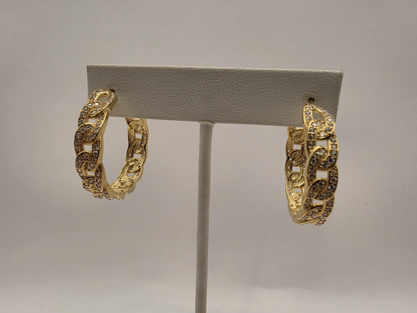 Gold Plated Sterling Silver Pave CZ Cuban Link Hoop Earrings 32mm Half Hoop Iced Out 925 Womens 11.4g