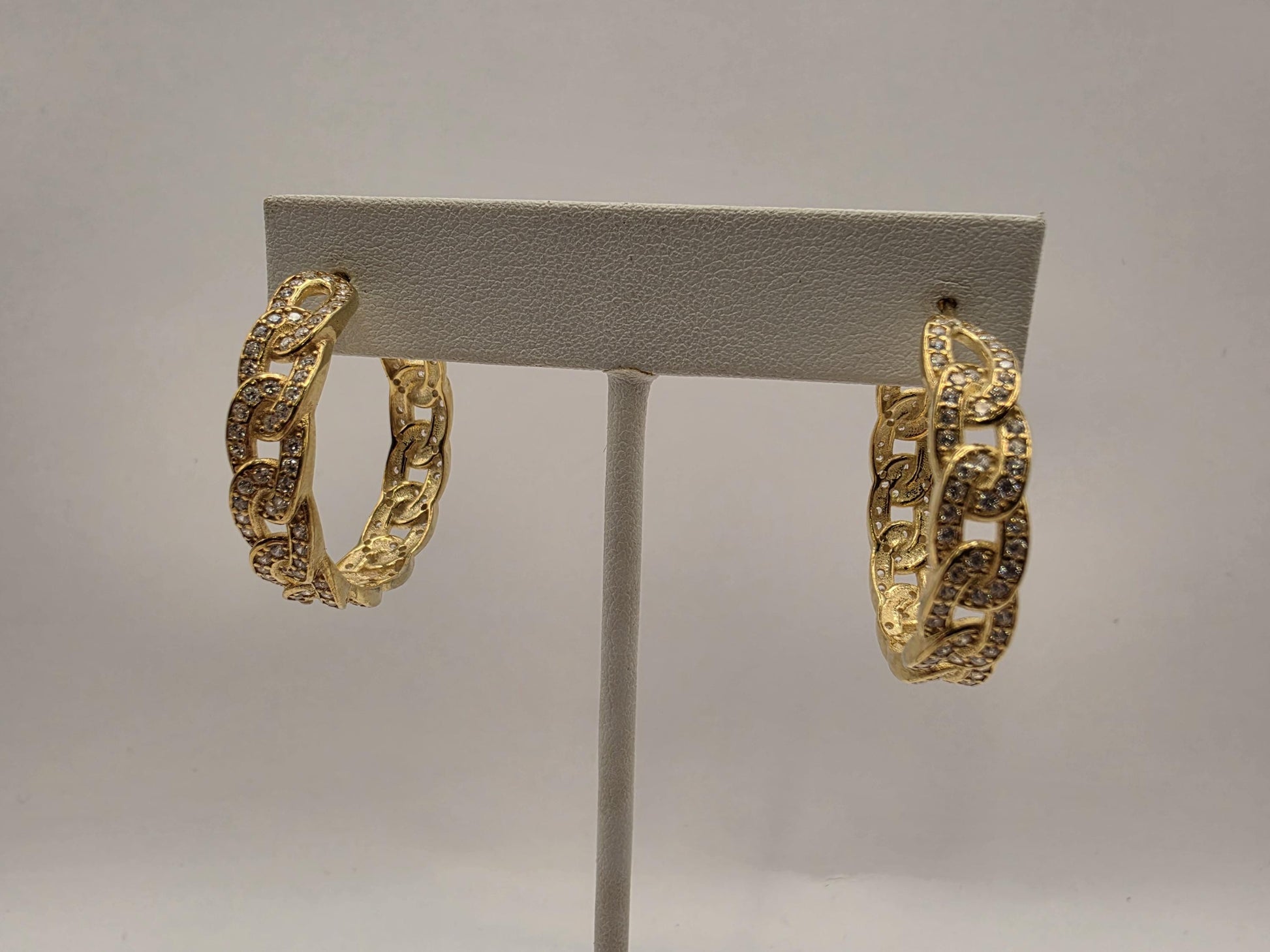 Gold Plated Sterling Silver Pave CZ Cuban Link Hoop Earrings 32mm Half Hoop Iced Out 925 Womens 11.4g