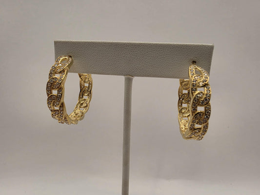 Gold Plated Sterling Silver Pave CZ Cuban Link Hoop Earrings 32mm Half Hoop Iced Out 925 Womens 11.4g