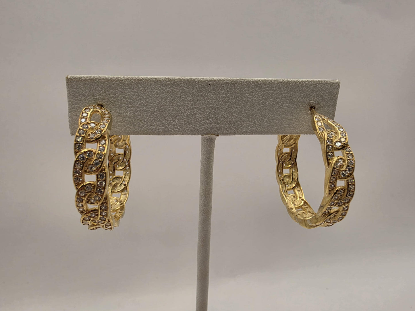 Gold Plated Sterling Silver Pave CZ Cuban Link Hoop Earrings 32mm Half Hoop Iced Out 925 Womens 11.4g