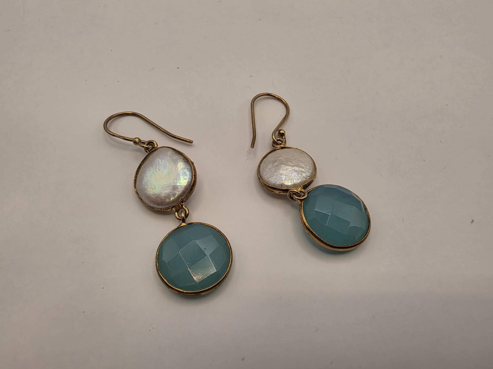 Gold Plated Sterling Silver Pearl and Aqua Chalcedony Double Drop Earrings 32mm 925 Womens Dangle 7.2g