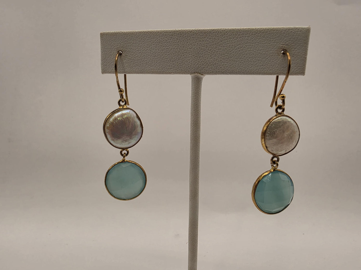 Gold Plated Sterling Silver Pearl and Aqua Chalcedony Double Drop Earrings 32mm 925 Womens Dangle 7.2g