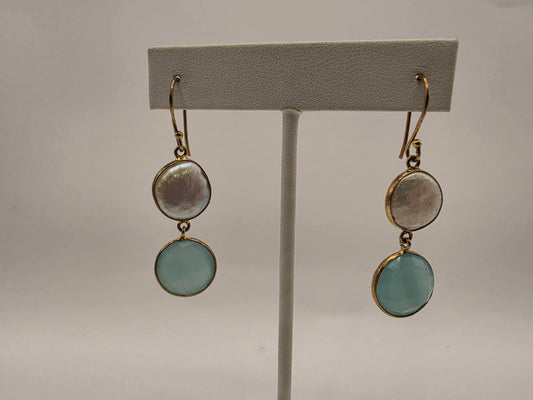 Gold Plated Sterling Silver Pearl and Aqua Chalcedony Double Drop Earrings 32mm 925 Womens Dangle 7.2g