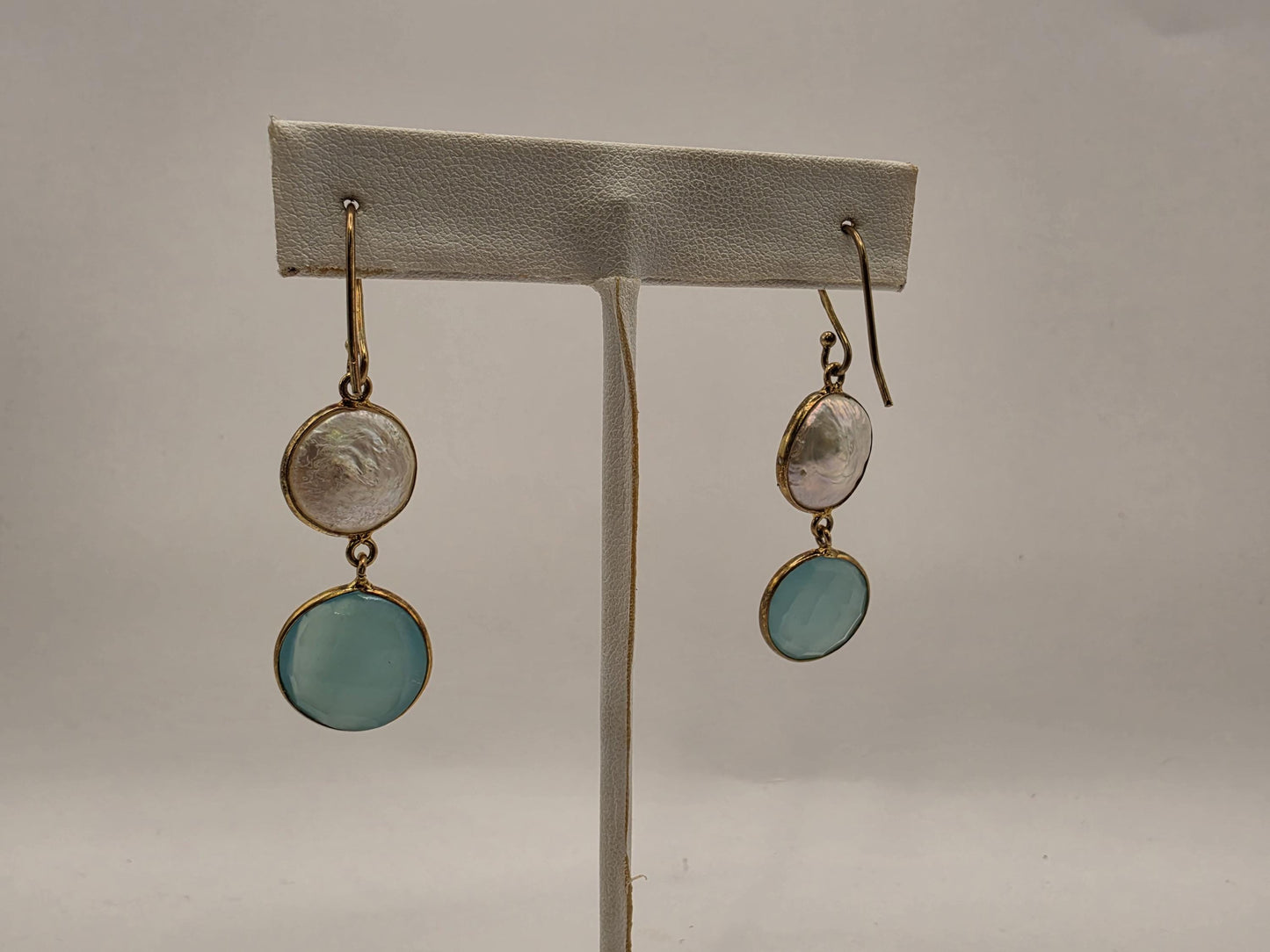 Gold Plated Sterling Silver Pearl and Aqua Chalcedony Double Drop Earrings 32mm 925 Womens Dangle 7.2g