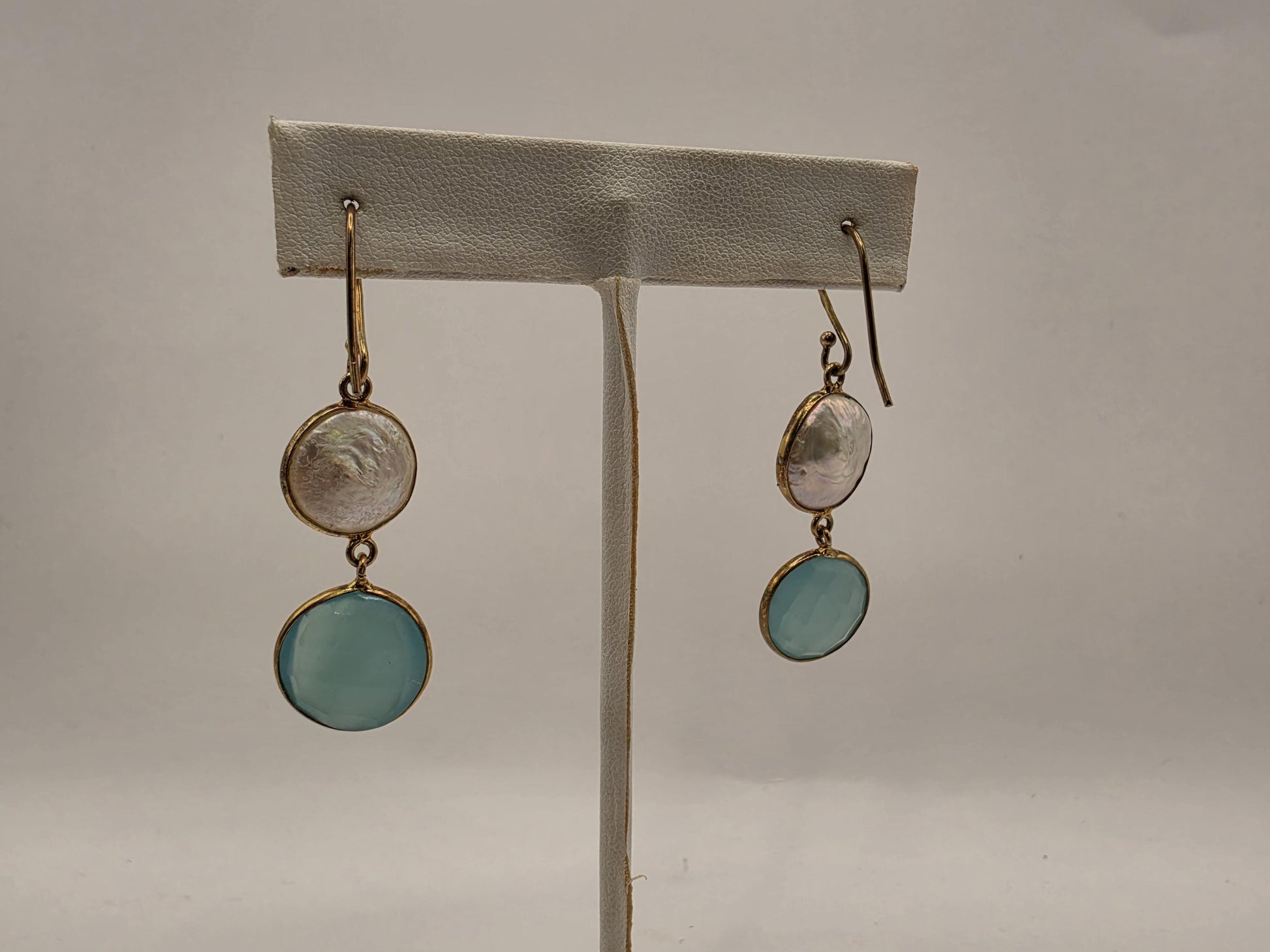 Gold Plated Sterling Silver Pearl and Aqua Chalcedony Double Drop Earrings 32mm 925 Womens Dangle 7.2g